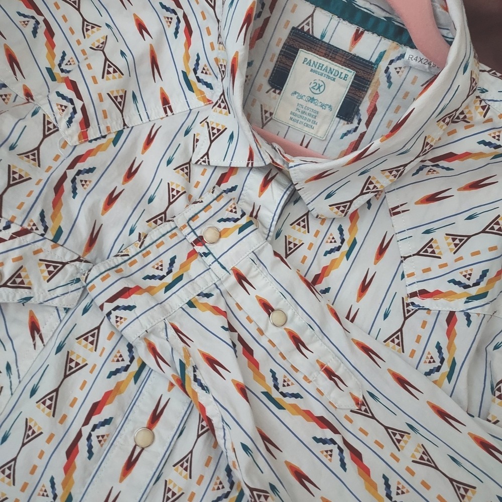 Panhandle Rough Stock Shirt Men's 2XL Aztec Print Pearl Snap Western Button Up